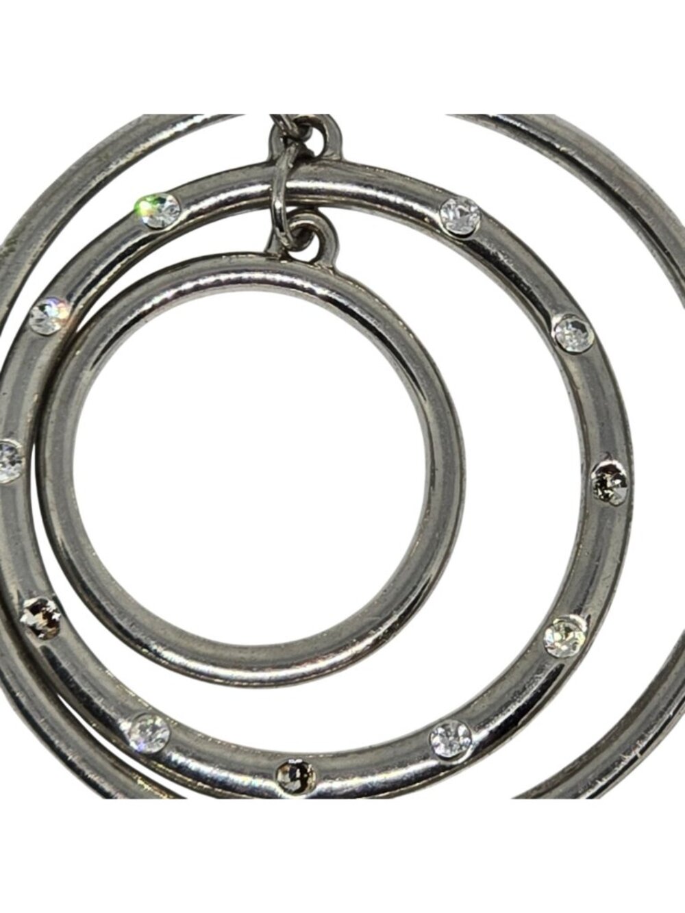 Vintage Silver Tone Triple Circle Hoop Dangle Earrings Rhinestone Accents - Picture 4 of 8